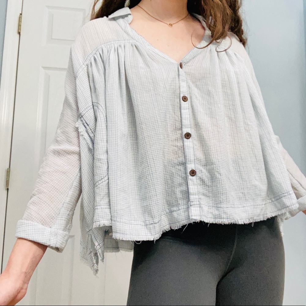 Free People Light Blue Button-Front Gauzy Blouse